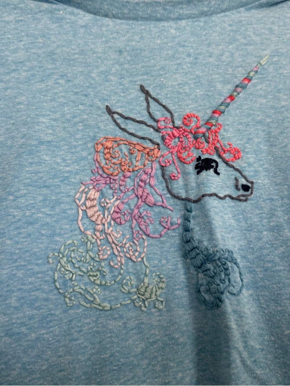 OOAK Hand Embroidery Old Navy Light Blue Girls' Unicorn Embroidered Tee